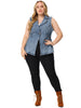 Plus Size Jacket Sleeveless Waistline Notched Lapel Button Denim Vests