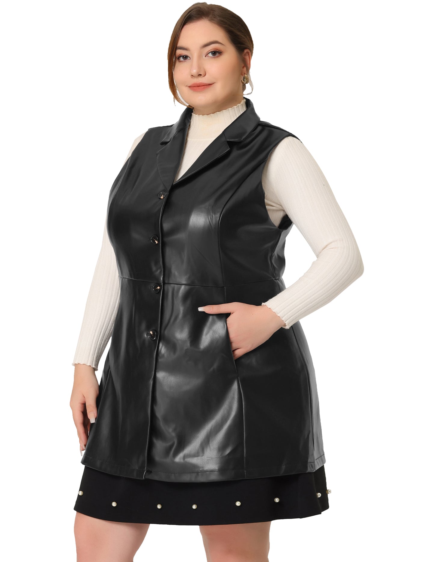 Bublédon Plus Size Faux Leather X Line Notched Lapel Sleeveless Jacket Vest