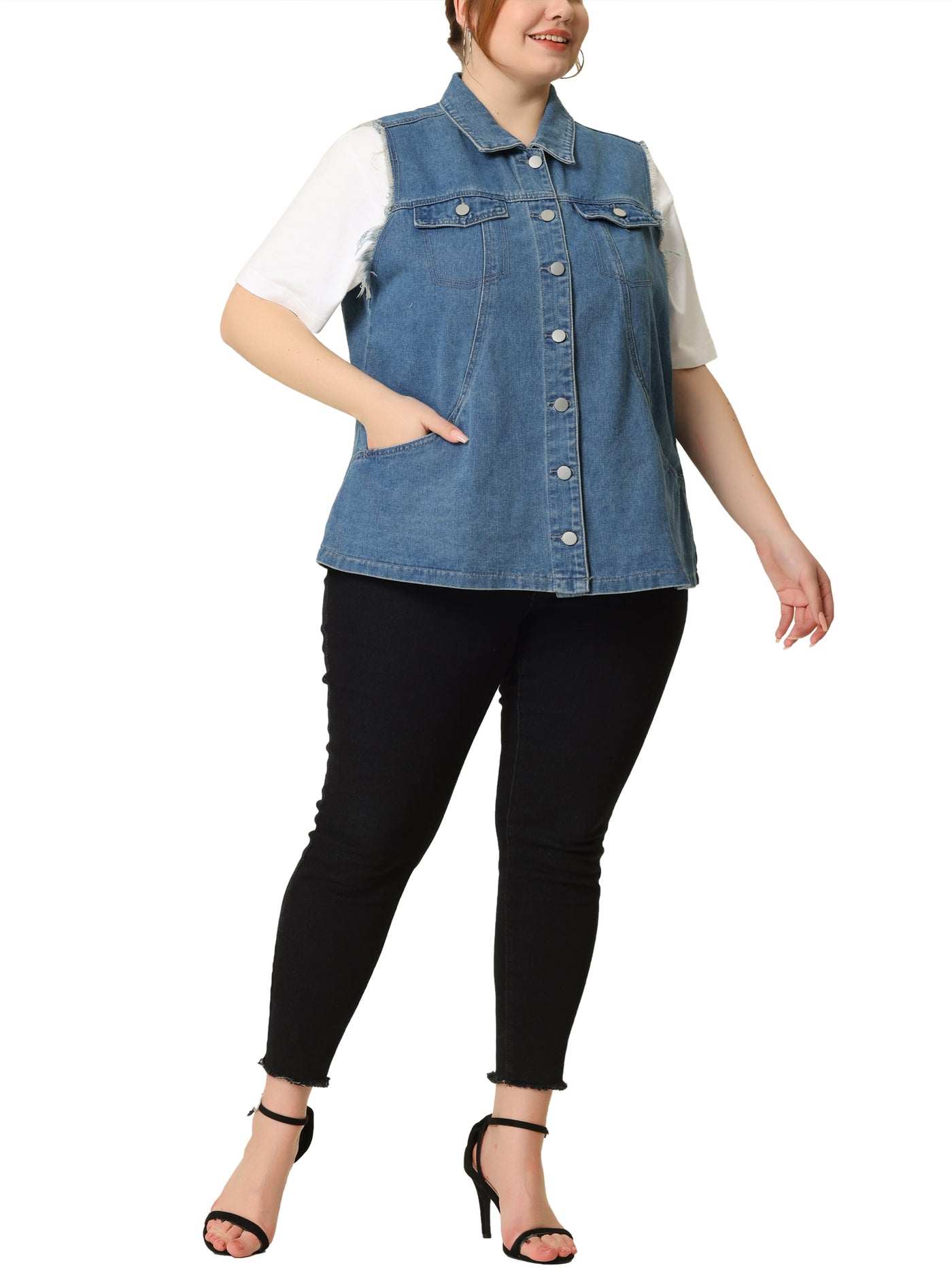 Bublédon Plus Size Denim Vests for Women Causal Button Long Vest Jackets