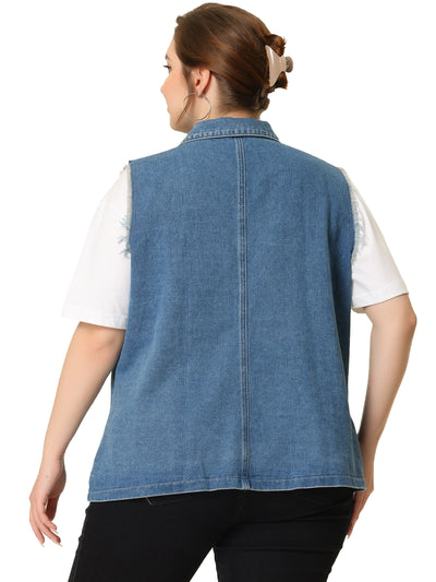 Plus Size Denim Vests for Women Causal Button Long Vest Jackets
