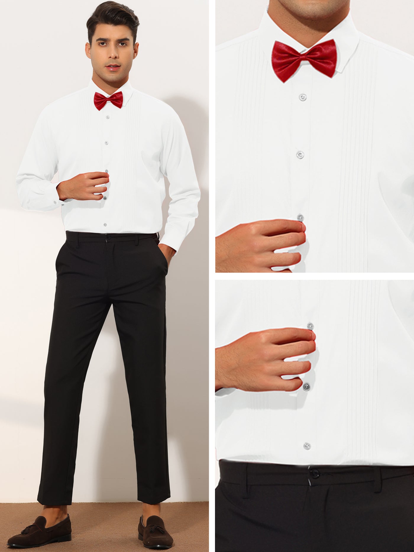 Bublédon Men's Tuxedo Slim Fit Solid Long Sleeves Prom Dress Shirts with Bow Tie