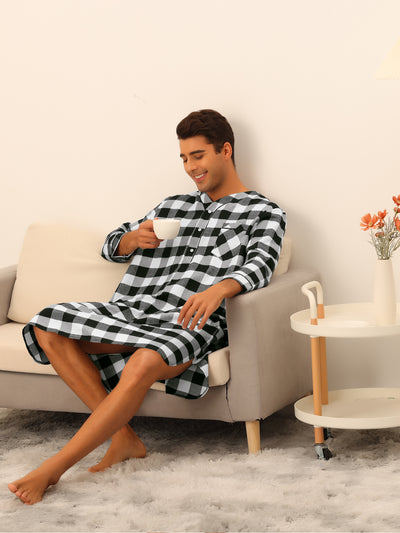Plaid Nightshirts for Men's Loose Fit Henley Neck Checked Pajamas Sleepwear