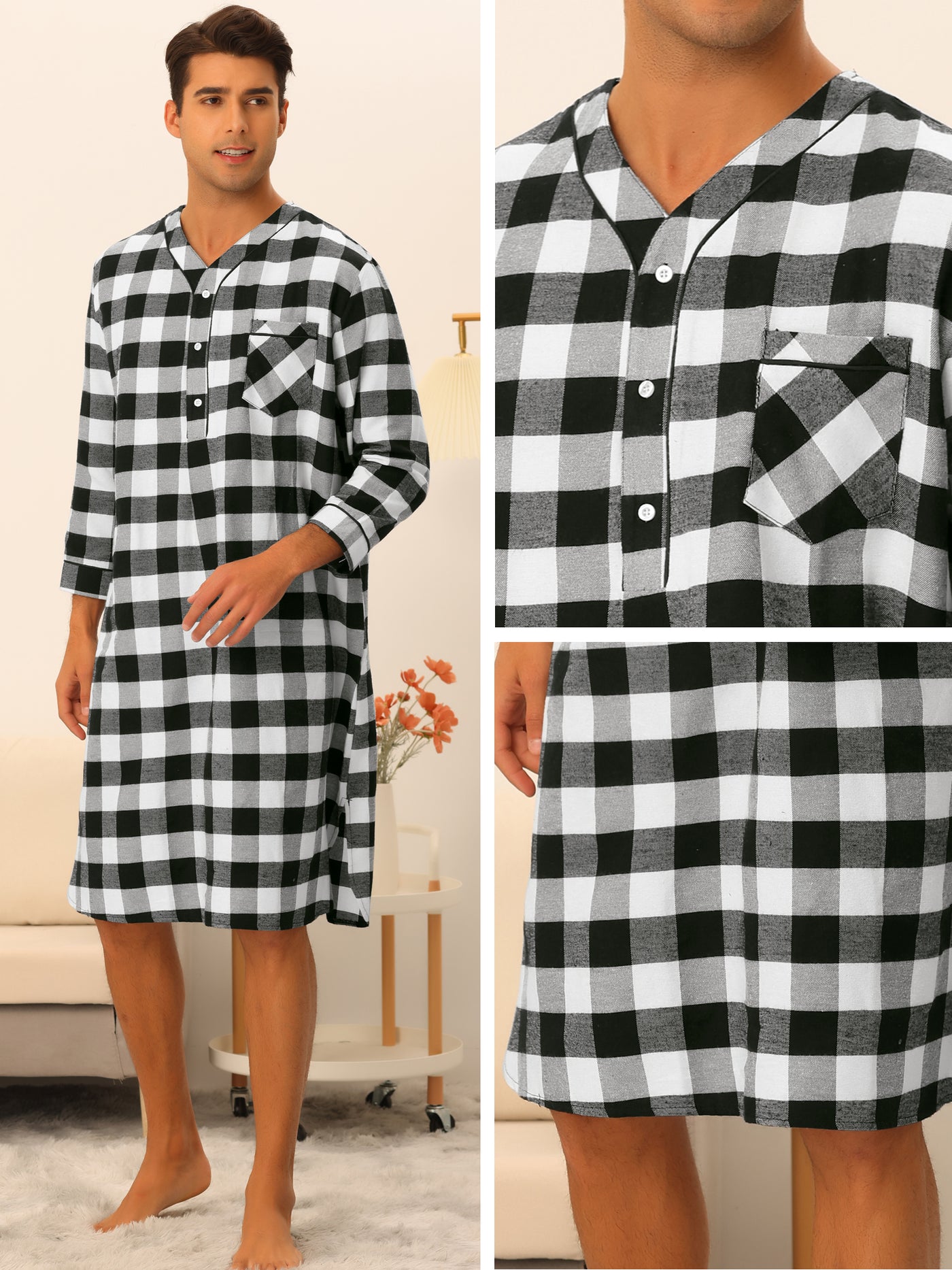 Bublédon Plaid Nightshirts for Men's Loose Fit Henley Neck Checked Pajamas Sleepwear