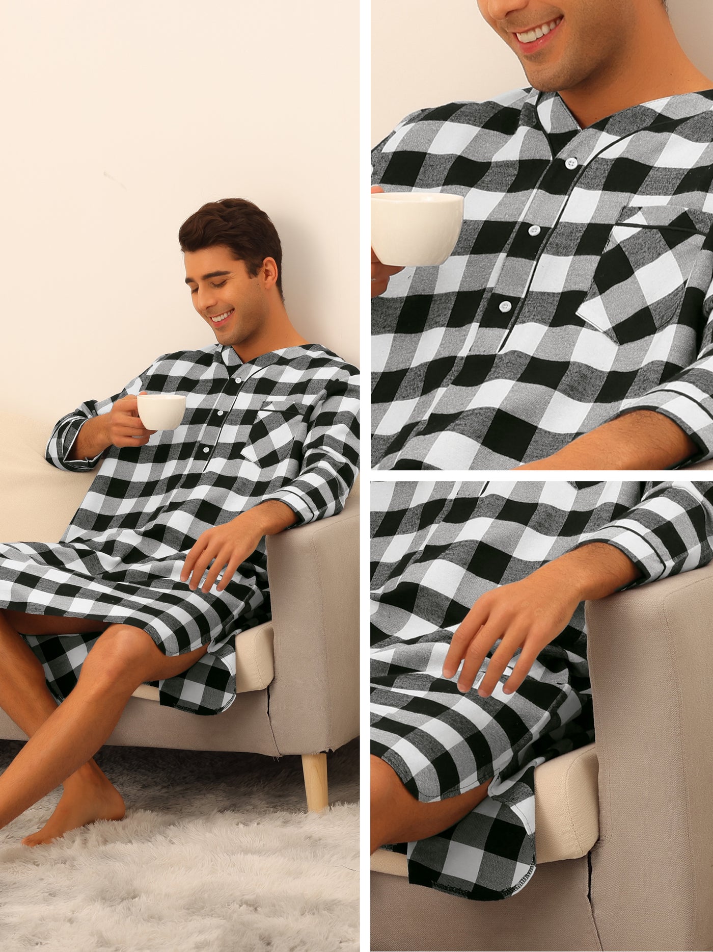 Bublédon Plaid Nightshirts for Men's Loose Fit Henley Neck Checked Pajamas Sleepwear