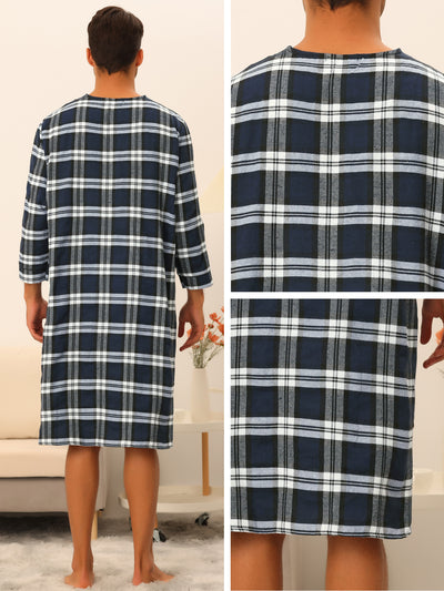 Plaid Nightshirts for Men's Loose Fit Henley Neck Checked Pajamas Sleepwear