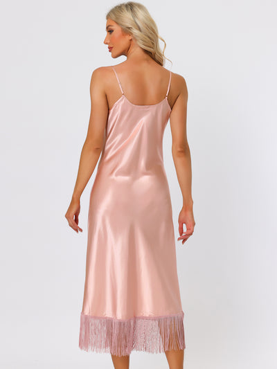 Satin Nightgown Lounge Sleepwear Spaghetti Straps Tassel Pajama Dress