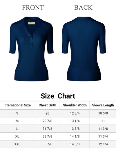 Women's Knit Top Lapel Collar V Neck Short Sleeve Fitted Ribbed Tops