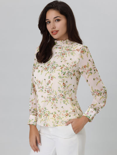 Women's Floral Shirt Pleated Ruffled Stand Collar Blouse