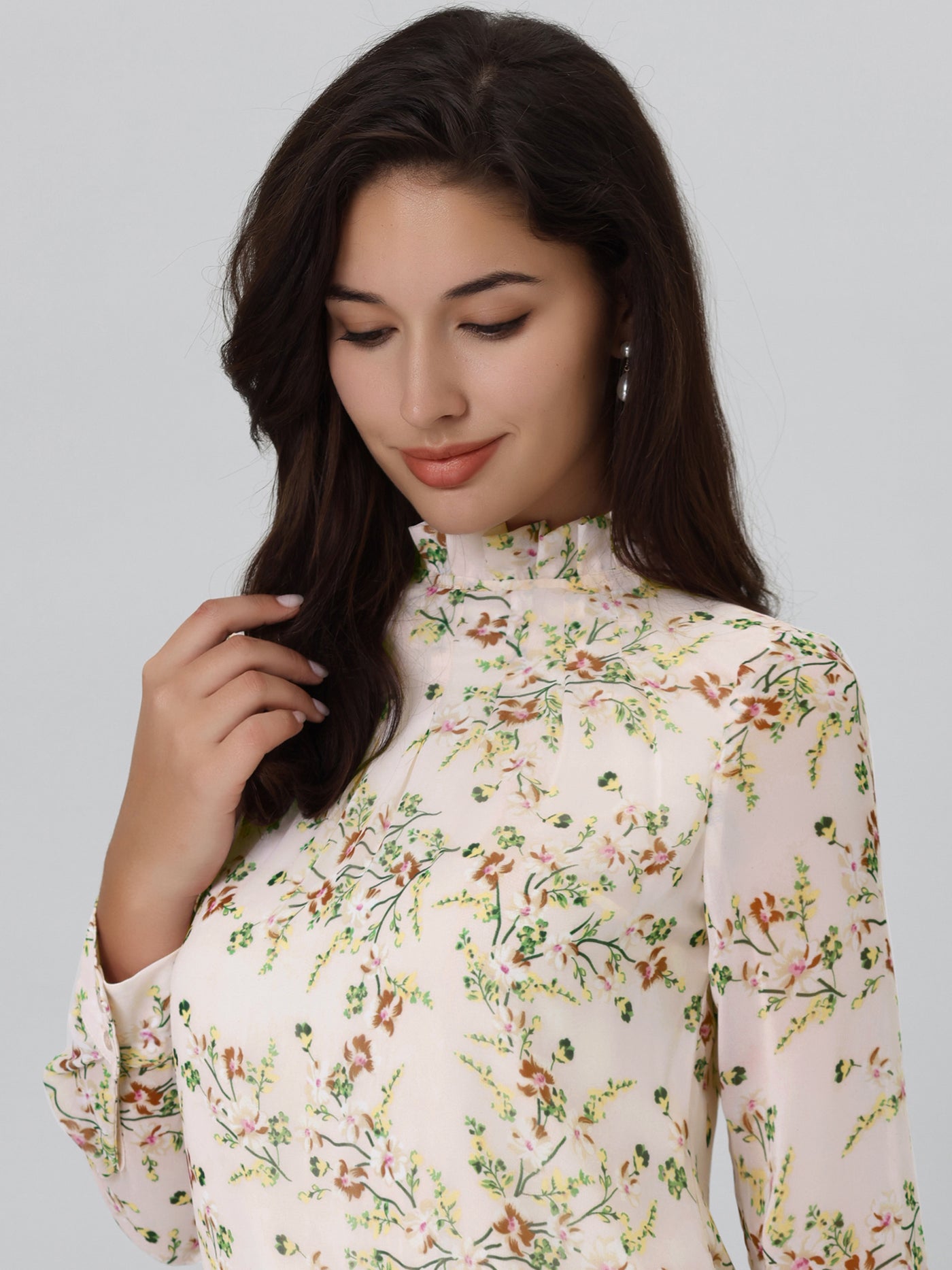 Bublédon Women's Floral Shirt Pleated Ruffled Stand Collar Blouse