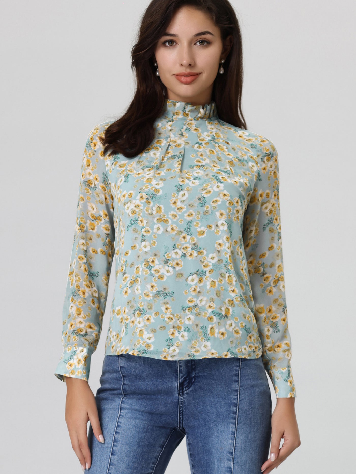 Bublédon Women's Floral Shirt Pleated Ruffled Stand Collar Blouse