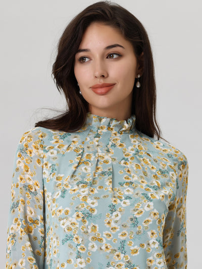 Women's Floral Shirt Pleated Ruffled Stand Collar Blouse