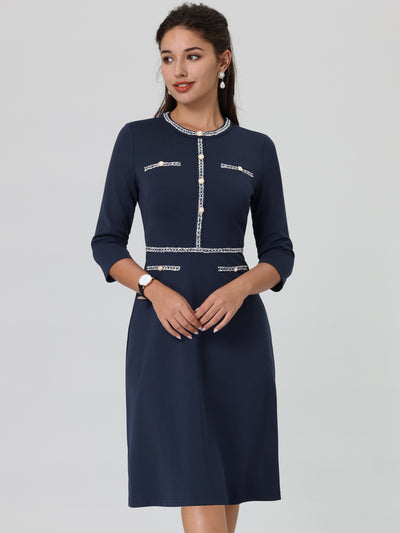 Women's A-Line Dress Contrast Color Office Tweed Trim Dresses