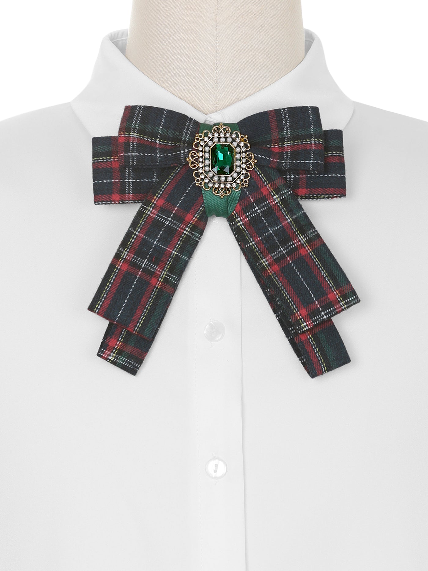 Bublédon Rhinestoneand Pearl Neck Pin Checked Bow Tie