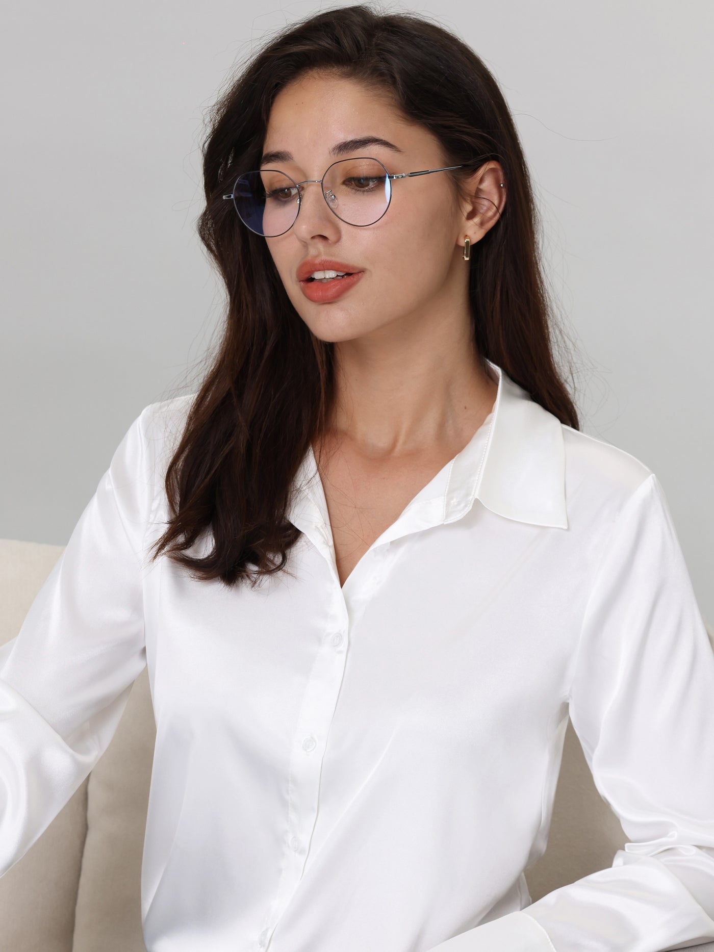 Bublédon Women's Work Shirt Long Sleeves Button Down Silky Satin Blouse