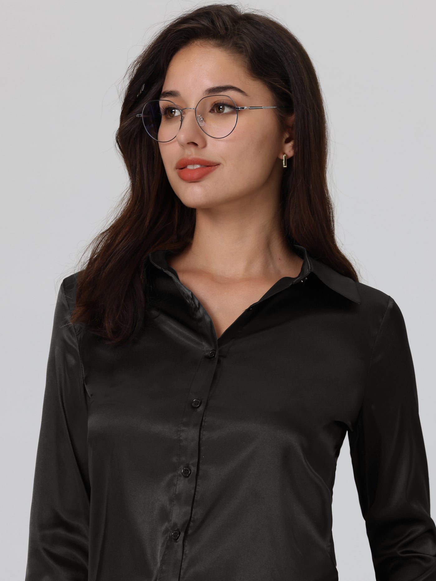 Bublédon Women's Work Shirt Long Sleeves Button Down Silky Satin Blouse