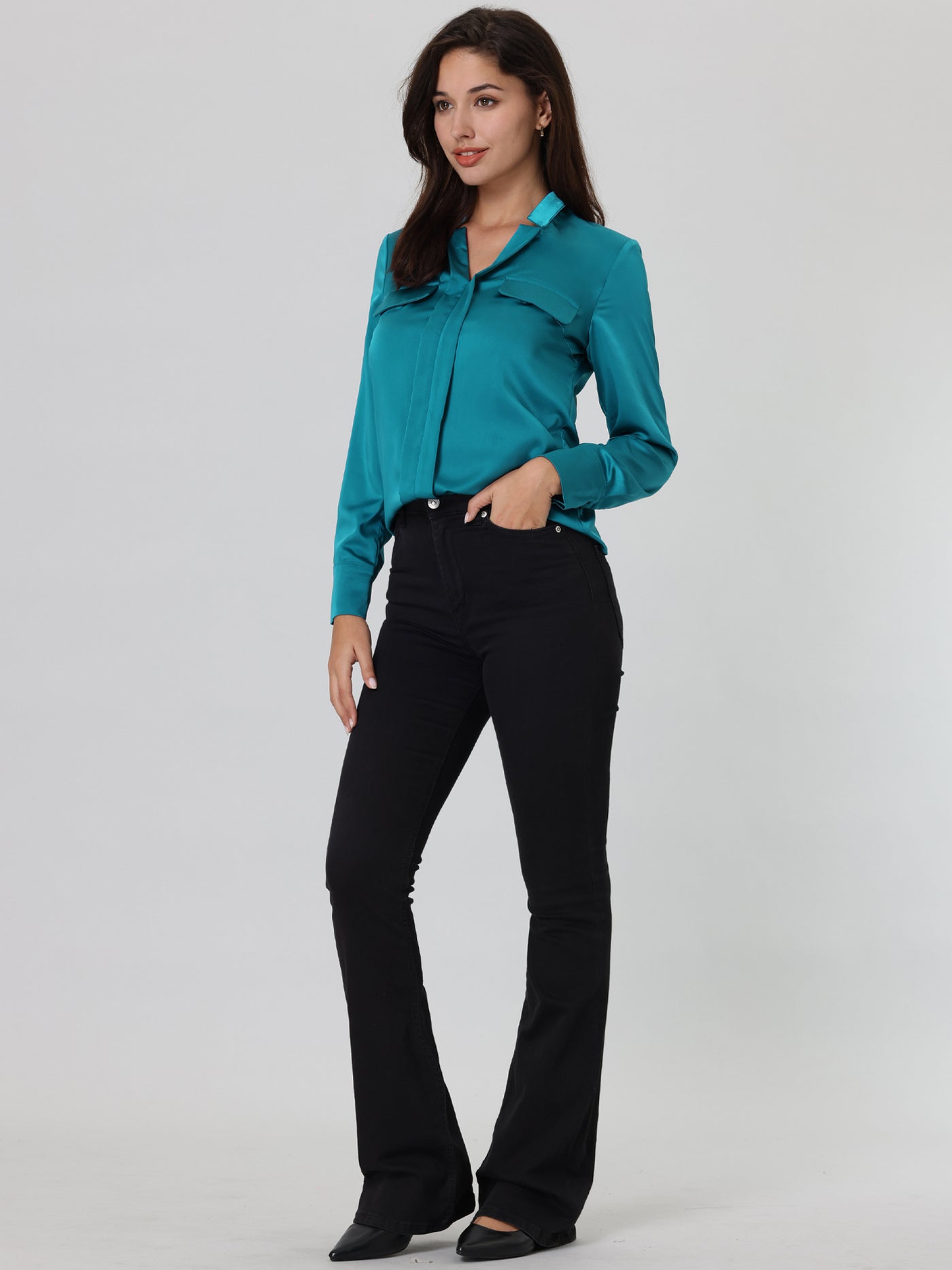 Bublédon Women's V Neck Top Long Sleeve Pleated Front Work Office Blouse