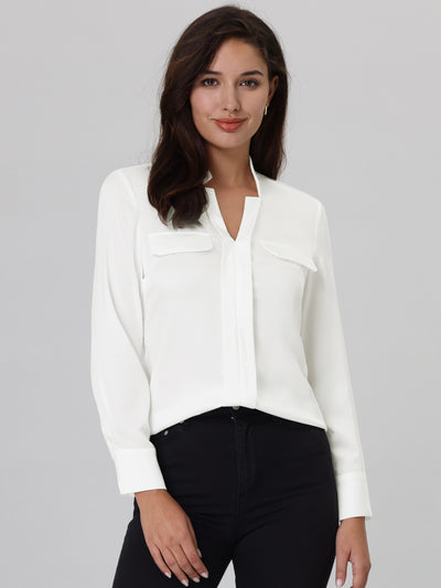 Women's V Neck Top Long Sleeve Pleated Front Work Office Blouse