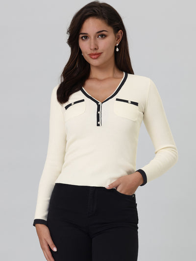 Women's Knit Top V Neck Contrast Color Long Sleeve Fitted Ribbed Tops
