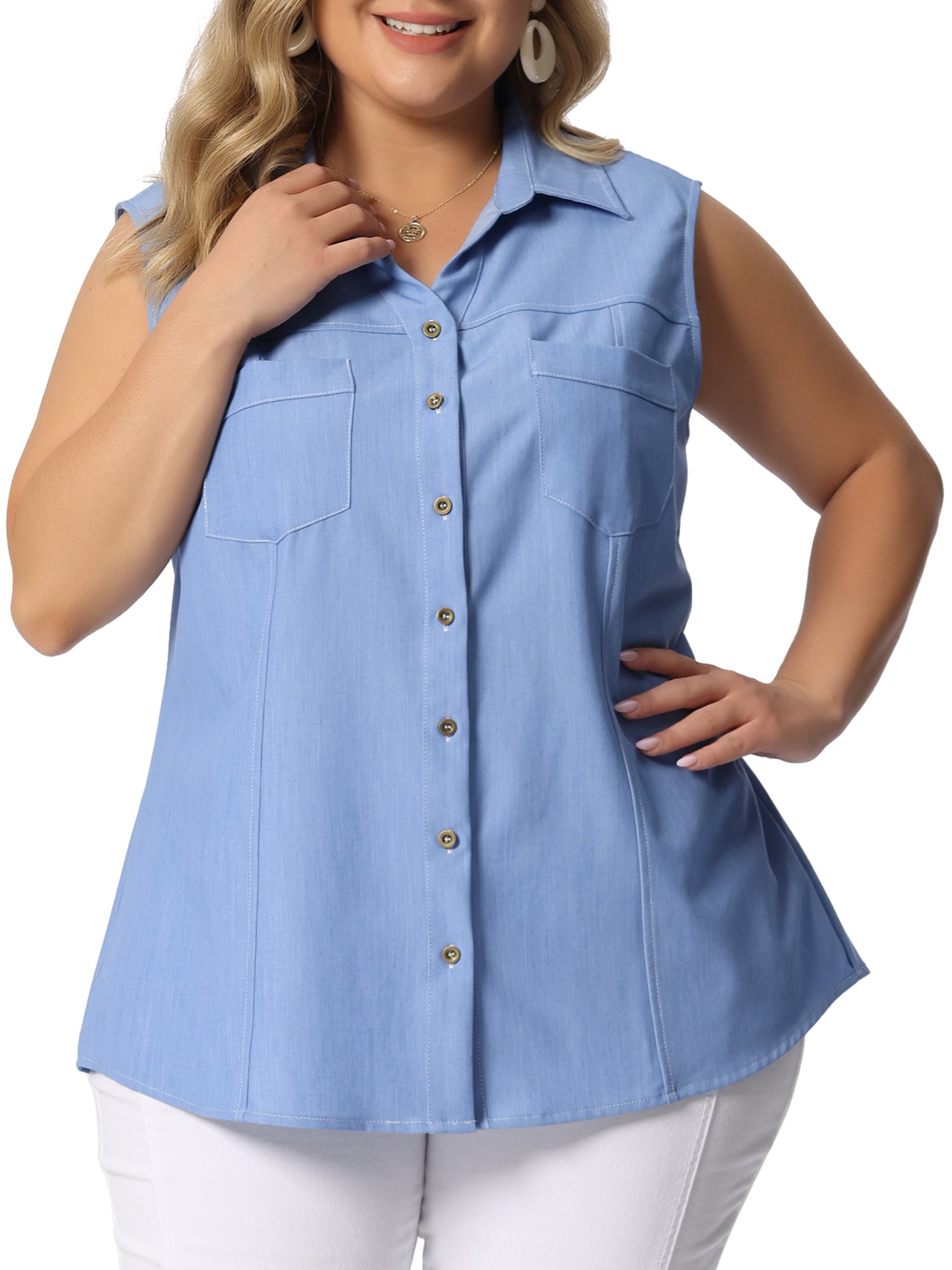 Bublédon Women's Plus Size Denim Shirt Sleeveless Front Pockets Chambray Shirts