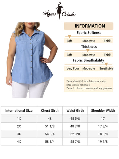 Women's Plus Size Denim Shirt Sleeveless Front Pockets Chambray Shirts