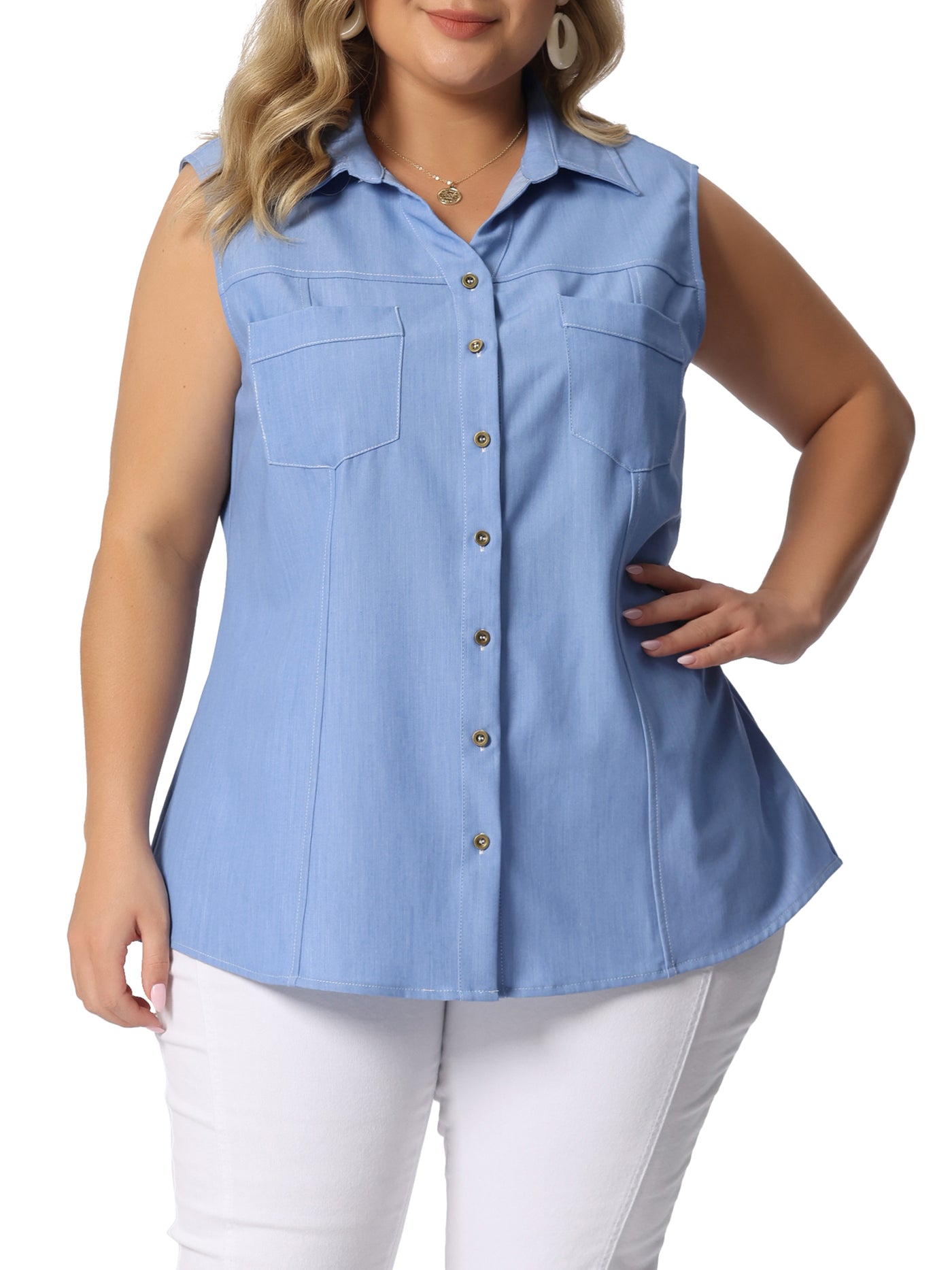 Bublédon Women's Plus Size Denim Shirt Sleeveless Front Pockets Chambray Shirts