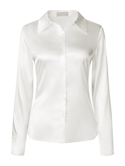 Women's Satin Blouse Long Sleeve Work Office Button Down Shirt Top