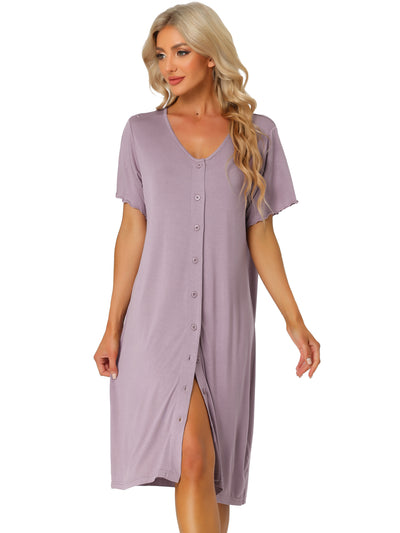 Womens Short Sleeve Nightshirt Button Down Nightgown Sleepwear Pajama Dress