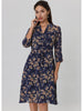 3/4 Sleeve Midi Natural Floral Drawstring Waist Sundress