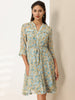 3/4 Sleeve Midi Natural Floral Drawstring Waist Sundress