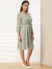 3/4 Sleeve Midi Natural Floral Drawstring Waist Sundress