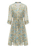 3/4 Sleeve Midi Natural Floral Drawstring Waist Sundress