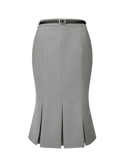 Women's Work Solid Belted Pleated Fishtail Midi Skirt