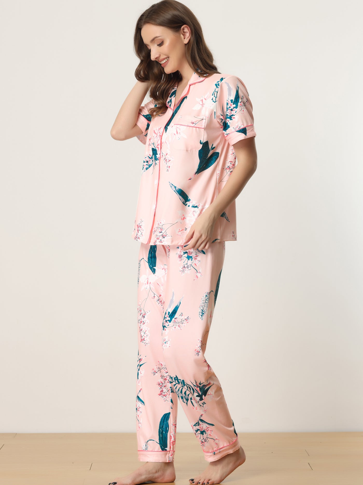Bublédon Women's 2pcs Floral Button Down Pajama Set Nightwear Sleepwear