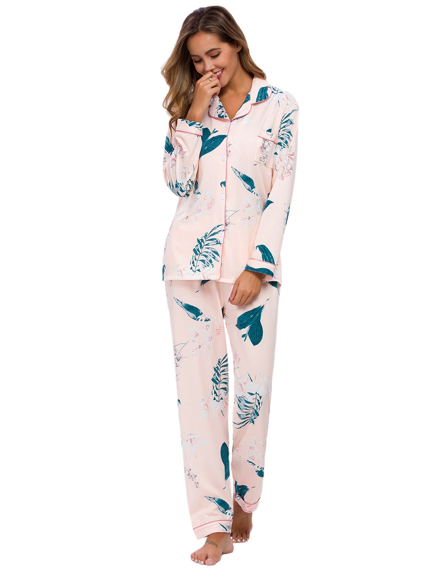 Bublédon Women's Pajama Set Soft Satin Silky Floral Printed Button Down Shirt and Pants Sleepwear 2pcs