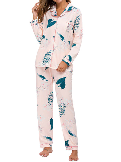 Women's Pajama Set Soft Satin Silky Floral Printed Button Down Shirt and Pants Sleepwear 2pcs