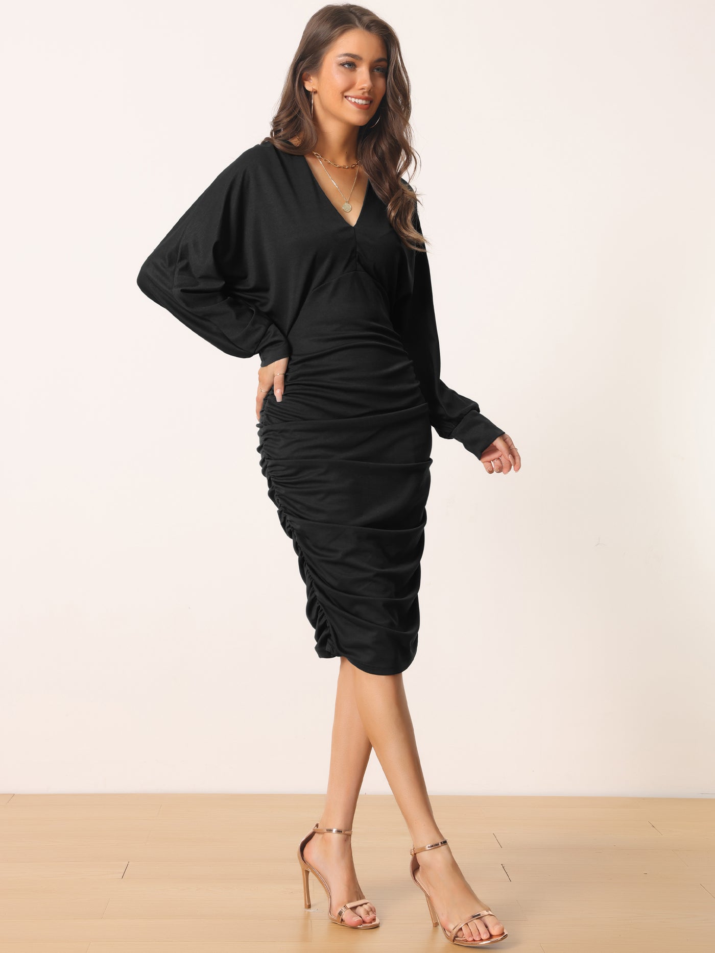 Bublédon Ruched V Neck Long Batwing Sleeve Bodycon Cocktail Party Midi Dress