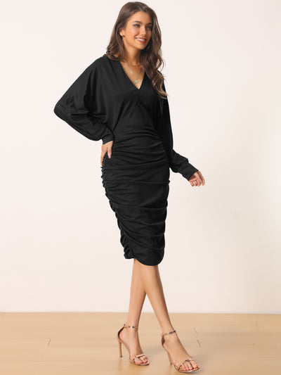 Ruched V Neck Long Batwing Sleeve Bodycon Cocktail Party Midi Dress