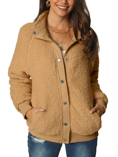 Women's Fluffy Fleece Two Pockets Long Sleeve Button Front Closure Casual Jacket
