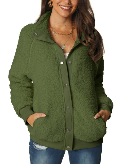 Women's Fluffy Fleece Two Pockets Long Sleeve Button Front Closure Casual Jacket
