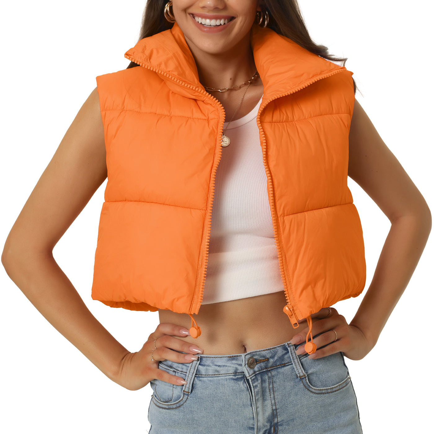 Bublédon Padded High Stand Collar Lightweight Zip Crop Jacket Puffer Vest