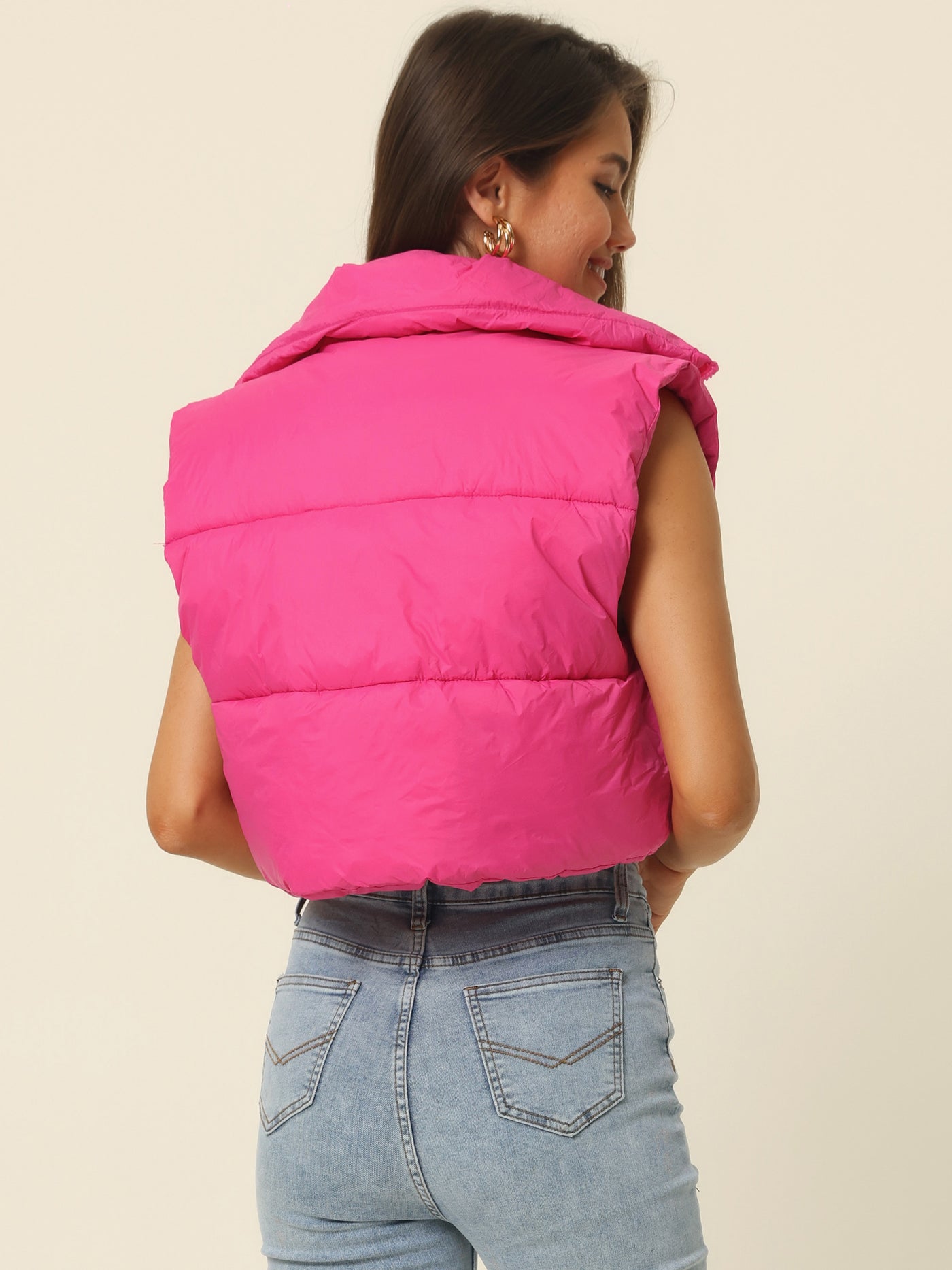 Bublédon Padded High Stand Collar Lightweight Zip Crop Jacket Puffer Vest