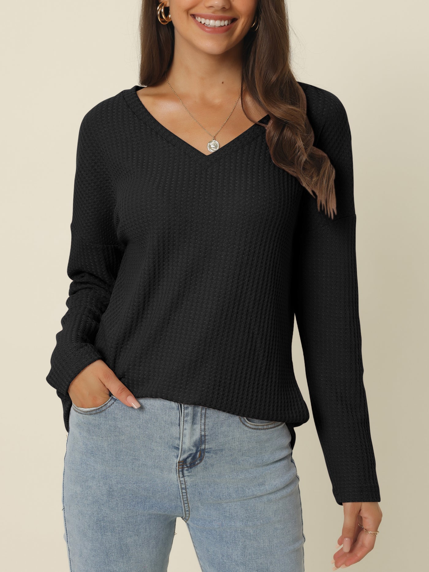 Bublédon Women's V Neck Waffle Knit Long Sleeve Slim Fit Casual Tops Shirts