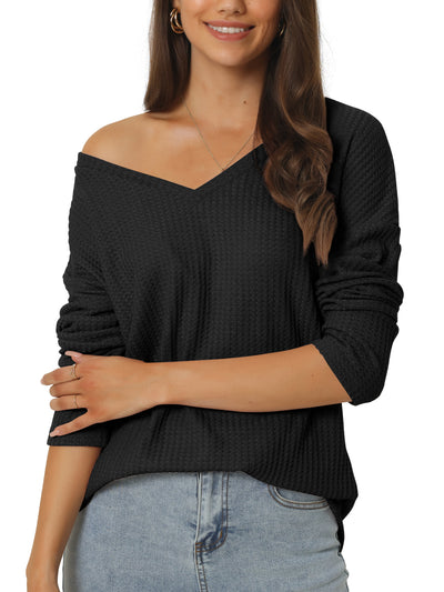 Women's V Neck Waffle Knit Long Sleeve Slim Fit Casual Tops Shirts