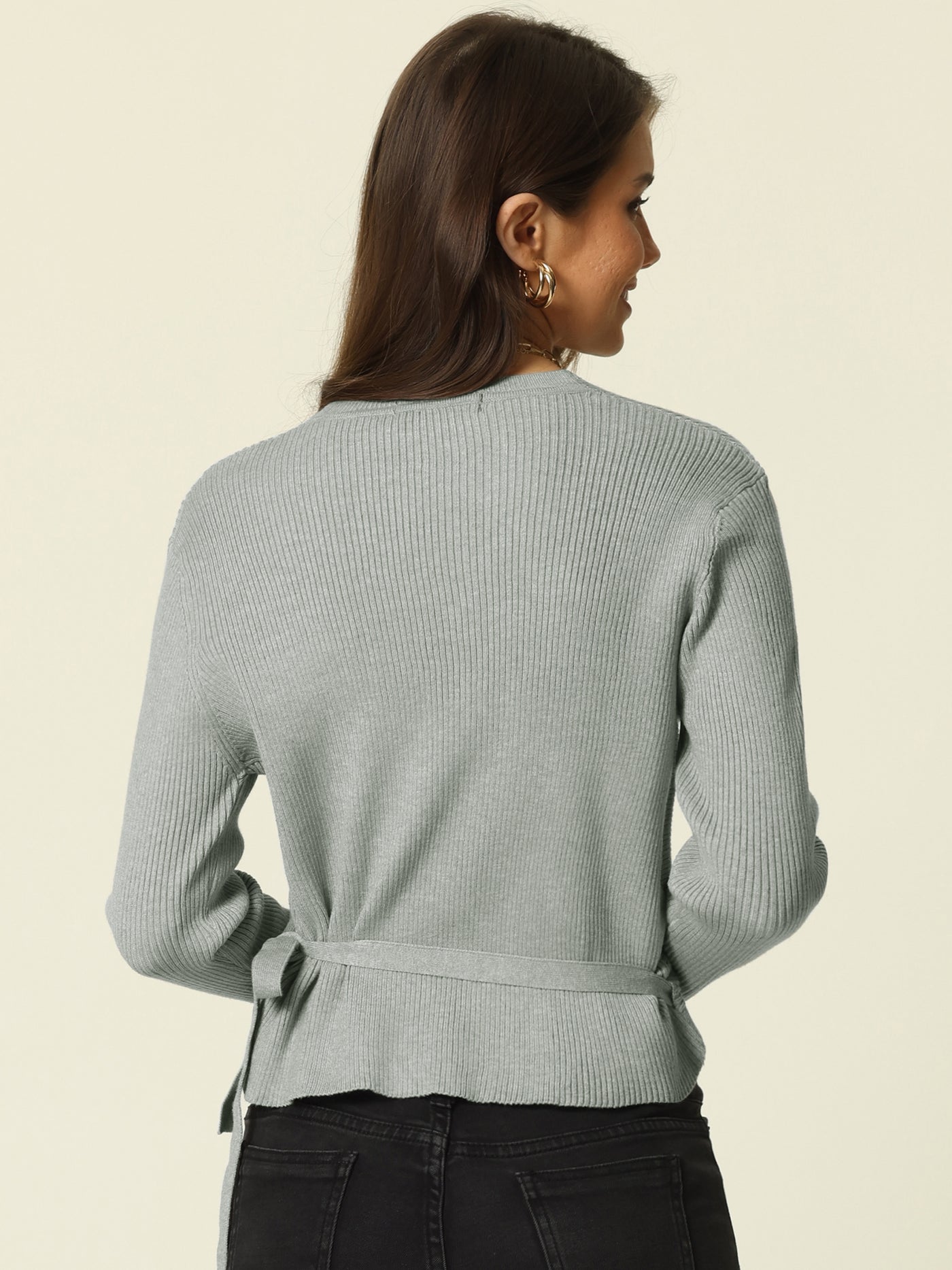 Bublédon Womens' V Neck Wrap Waist Belted Crop Sweater Tops