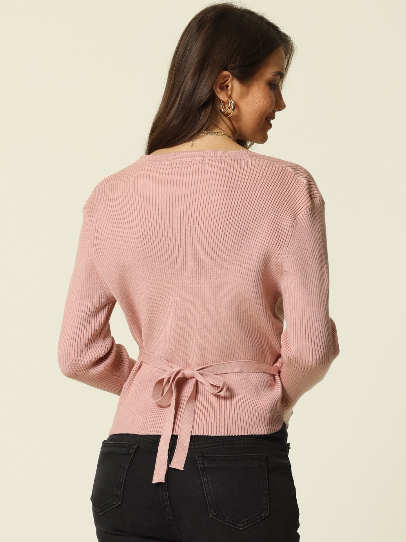 Bublédon Womens' V Neck Wrap Waist Belted Crop Sweater Tops