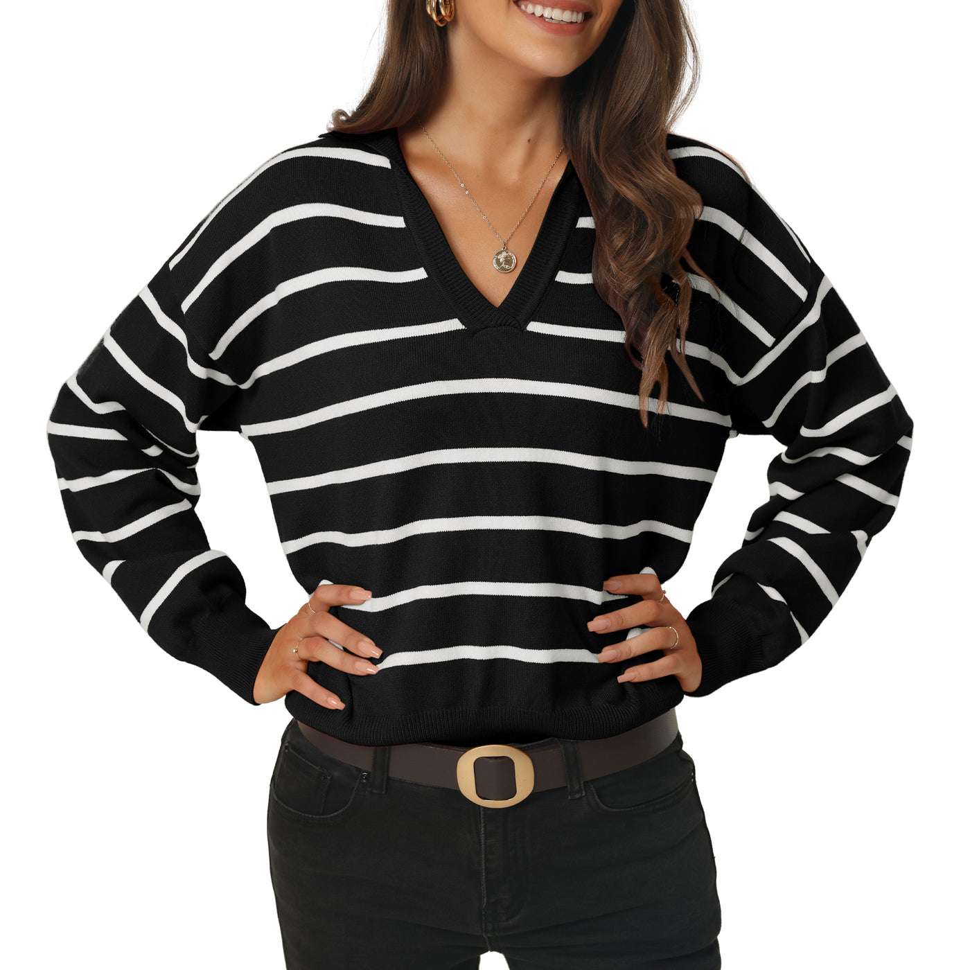 Bublédon Women's 2023 Fall Winter Striped Pullover Sweater Polo V Neck Color Block Long Sleeve Knitted Casual JumperTop
