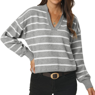 Women's 2023 Fall Winter Striped Pullover Sweater Polo V Neck Color Block Long Sleeve Knitted Casual JumperTop
