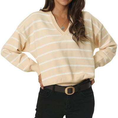 Women's 2023 Fall Winter Striped Pullover Sweater Polo V Neck Color Block Long Sleeve Knitted Casual JumperTop