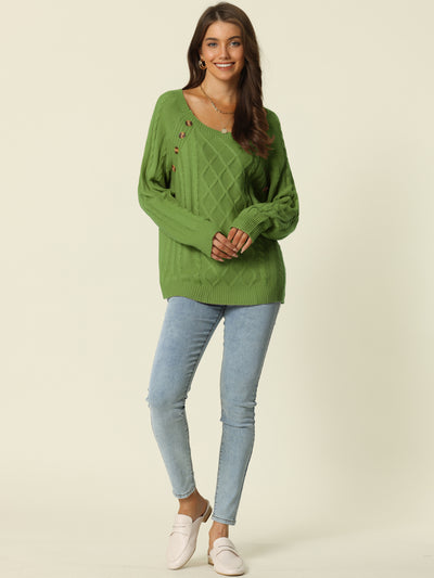 Womens' Round Neck Long Sleeve Button Decor Casual Sweater