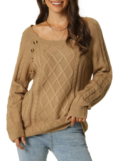 Womens' Round Neck Long Sleeve Button Decor Casual Sweater